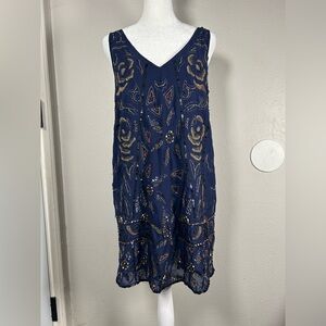 Free People Navy Beaded Secret Garden Shift Dress Mini Sequin XS Blue
